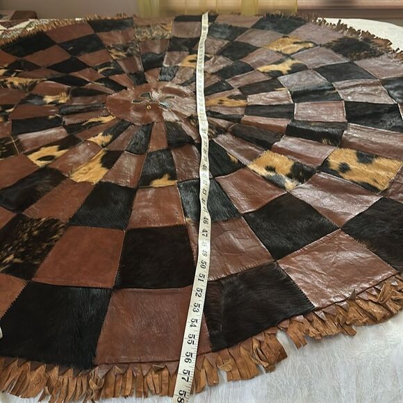 Leather Cowhide Patchwork Circular Rug Brown and Black - Picture 10 of 15